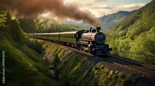 A vintage steam locomotive traveling along a scenic railroad track photo