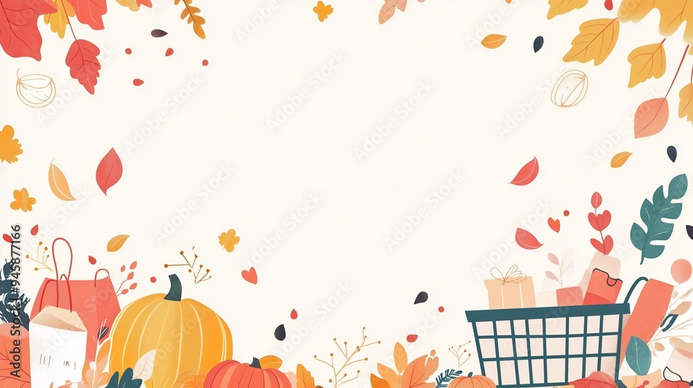 Fototapeta premium Autumn harvest decoration featuring pumpkins, colorful leaves, and shopping bags against a light background