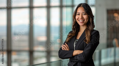 Confident Asian businesswoman smiling in a modern office with city views