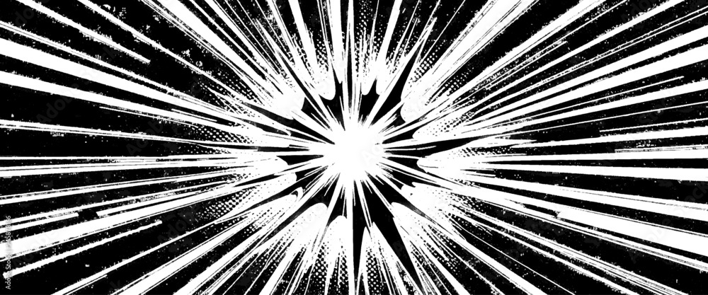 Vector circular starburst explosion texture. Distressed uneven grunge background, cover template set with comic speed line effect.