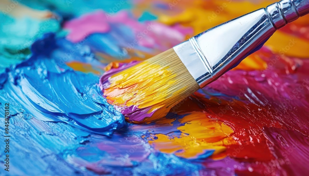 Fototapeta premium Paintbrush dipped in vibrant paint, ready to apply to a canvas