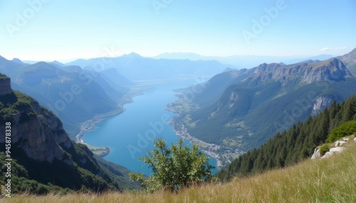 Majestic mountain vista with serene lake