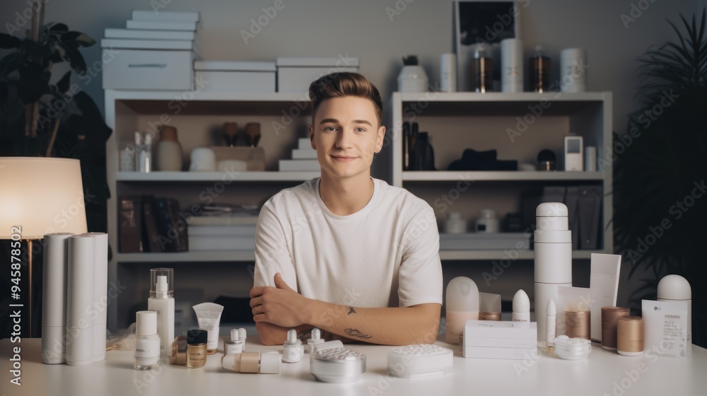 Fototapeta premium An influencer creating content about lifestyle products, standing in a well-lit, 