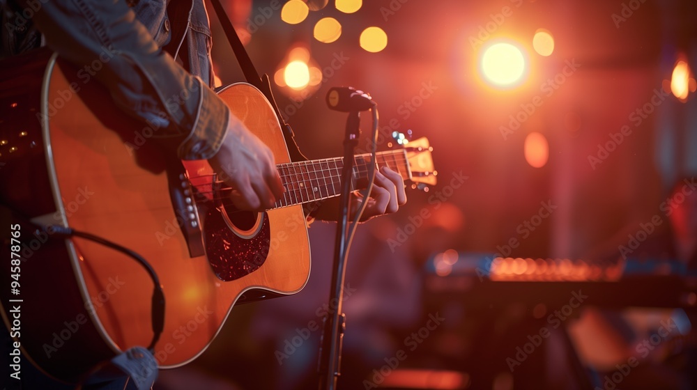 Obraz premium Close-up of a Hispanic musician playing acoustic guitar during a live performance