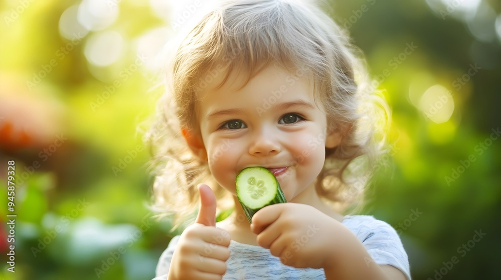 Cheerful Child Giving Thumbs Up While Enjoying Healthy Cucumber Snack Cheerful Child Giving Thumbs Up While Enjoying Healthy Cucumber Snack