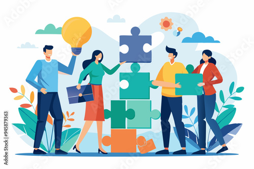 Teamwork working together to success, cooperation or team building collaborate to solve problem, partnership, help and support, business people colleagues help work together to connect jigsaw puzzle.
