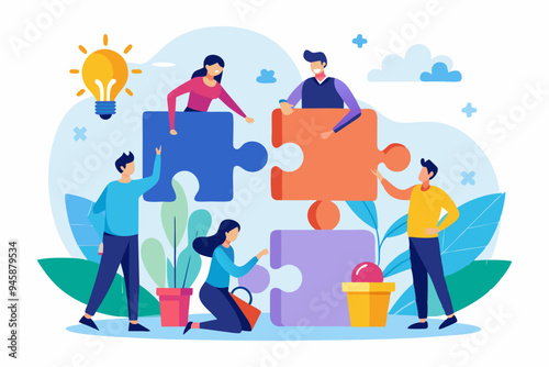 Teamwork working together to success, cooperation or team building collaborate to solve problem, partnership, help and support, business people colleagues help work together to connect jigsaw puzzle. 