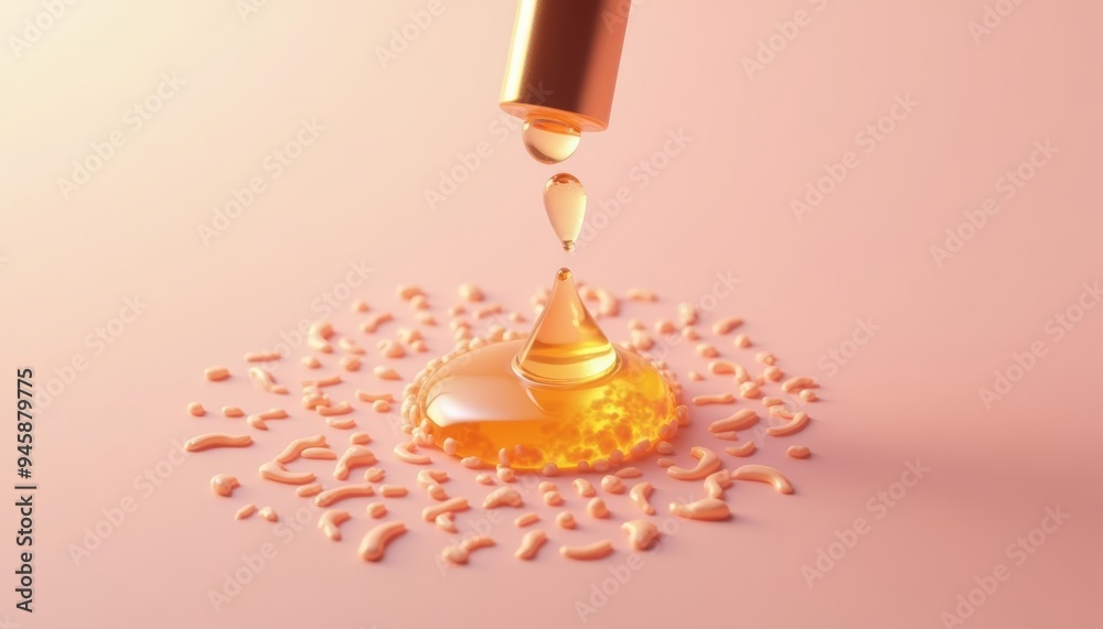 Golden droplets of liquid falling from a tube onto a pink surface Golden droplets of liquid falling from a tube onto a pink surface