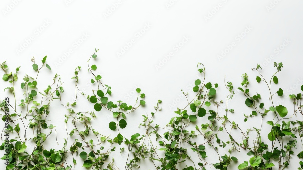 A composition of green leaves and vines arranged on a white background. A composition of green leaves and vines arranged on a white background.