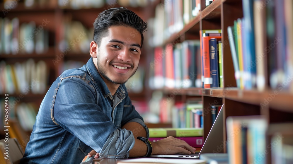 Focused Latino student smiling while using a laptop in the library Focused Latino student smiling while using a laptop in the library