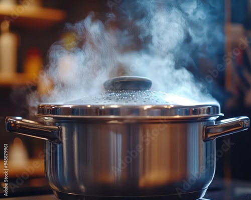 Pressure cooker releasing steam, with kitchen efficiency