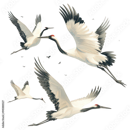 A digital illustration of three white-crowned cranes in flight against a white background