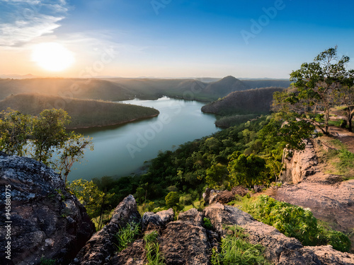 A hilltop view of lakes and cliffs