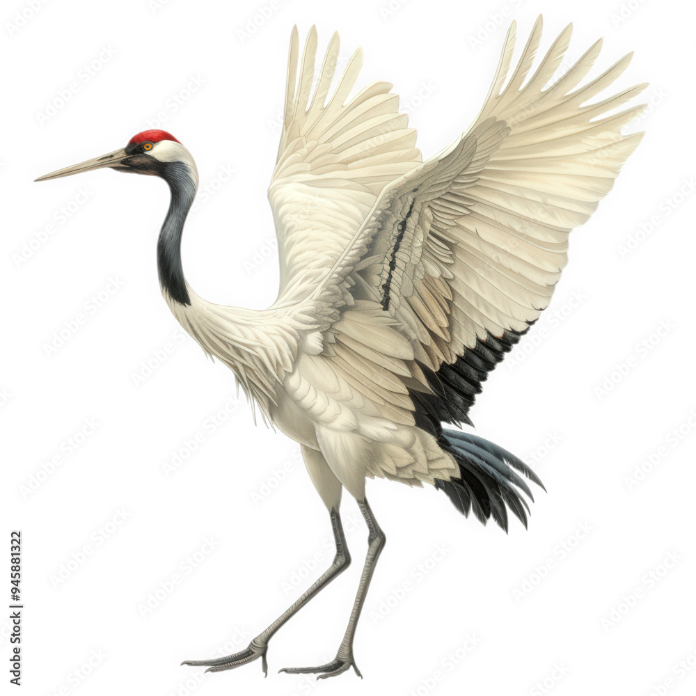 Fototapeta premium A detailed illustration of a white-crowned crane with its wings outstretched, showcasing its white feathers, black wingtips, and red crown