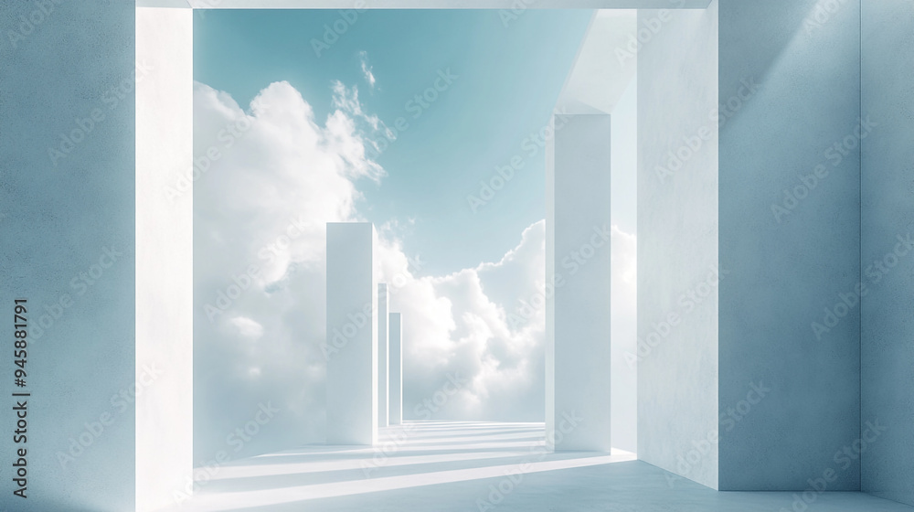 A serene architectural space with white columns leading to a vibrant sky filled with fluffy clouds during daytime