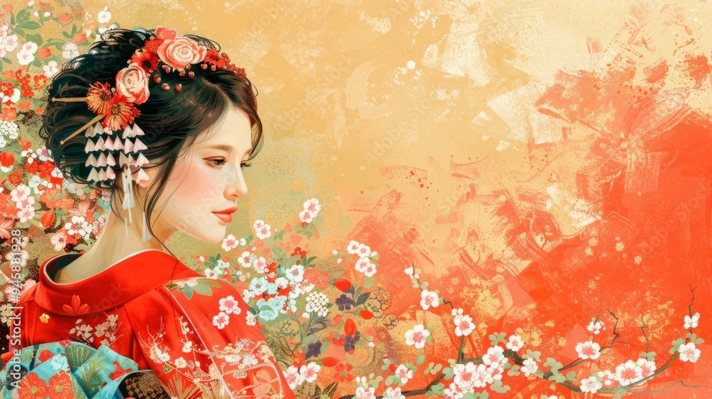 Fototapeta premium A digital artwork of a Japanese woman in a red & gold kimono with floral patterns, styled hair, holding a fan. The image conveys cultural richness & elegance in traditional Japanese fashion.