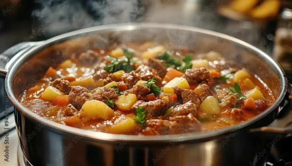 Slow cooker on a kitchen counter, with a meal cooking slowly Slow cooker on a kitchen counter, with a meal cooking slowly