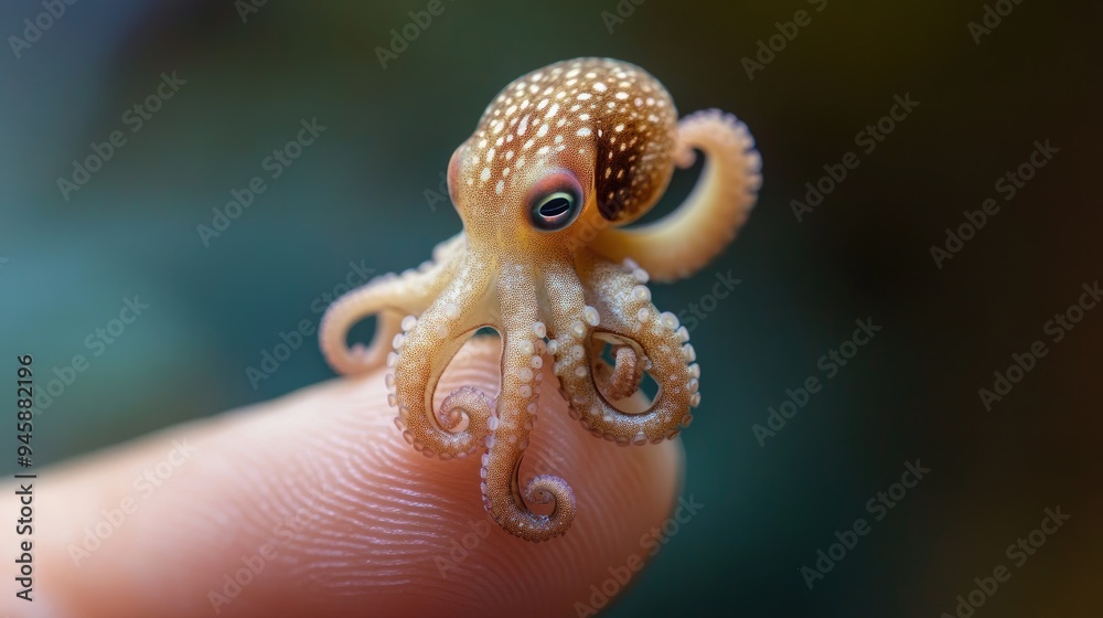 A tiny octopus clinging to a human finger, its eyes wide with curiosity A tiny octopus clinging to a human finger, its eyes wide with curiosity