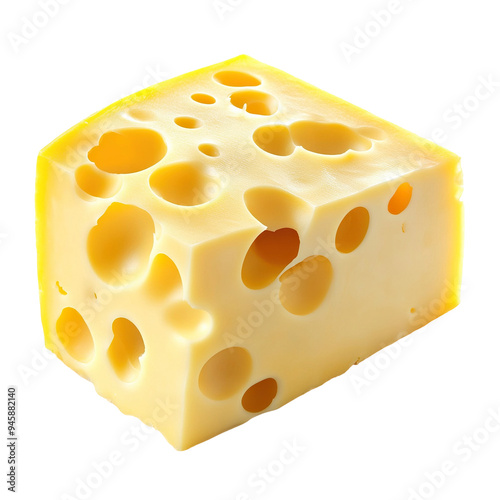 Delicious swiss cheese slice with holes, isolated on transparent cutout background photo