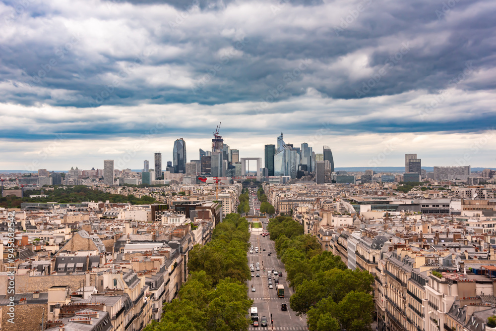 Fototapeta premium Panoramic aerial view of Paris city, France. Parisian houses and Defance district