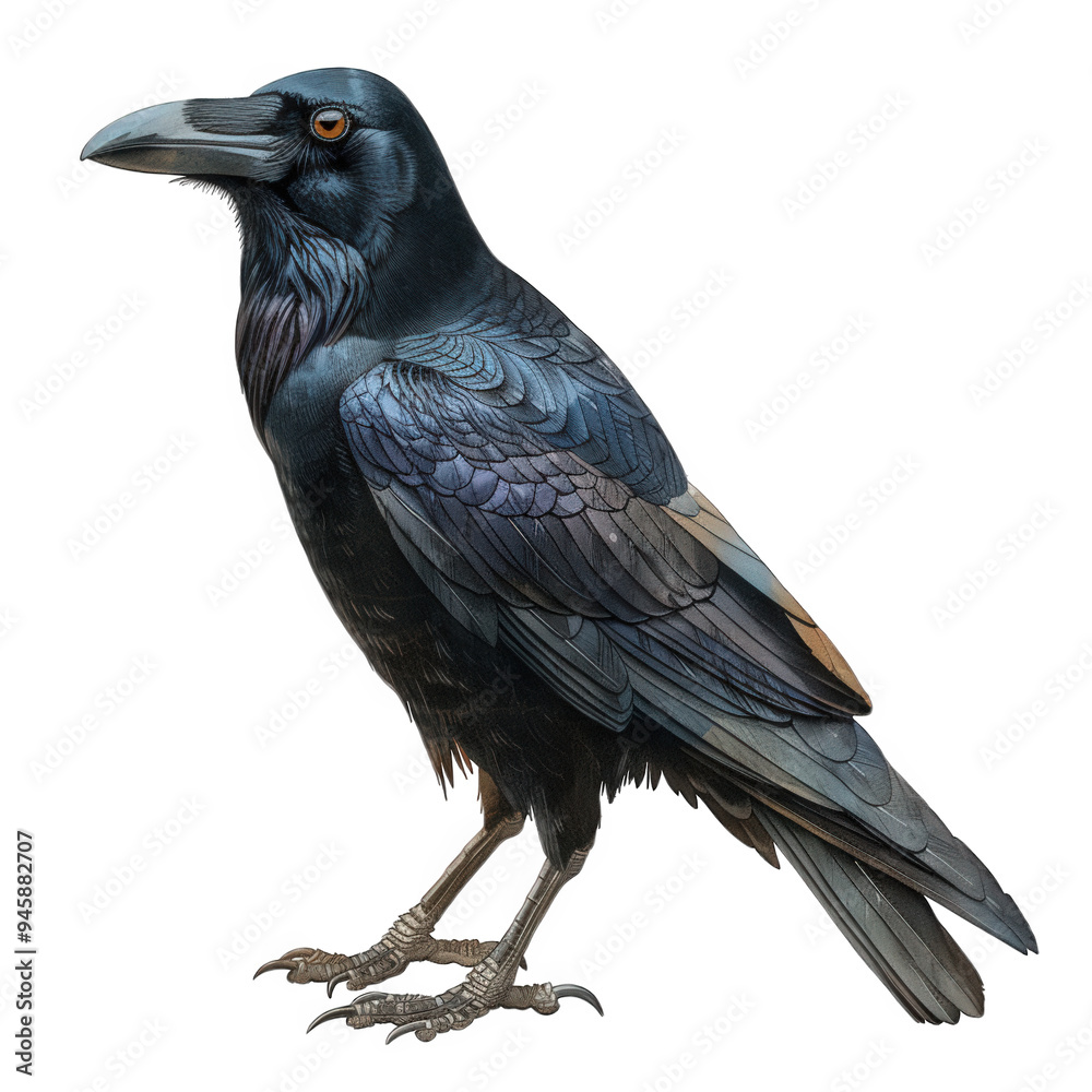 Fototapeta premium An illustration of a common raven, depicted in a detailed and realistic style, standing against a plain white backdrop