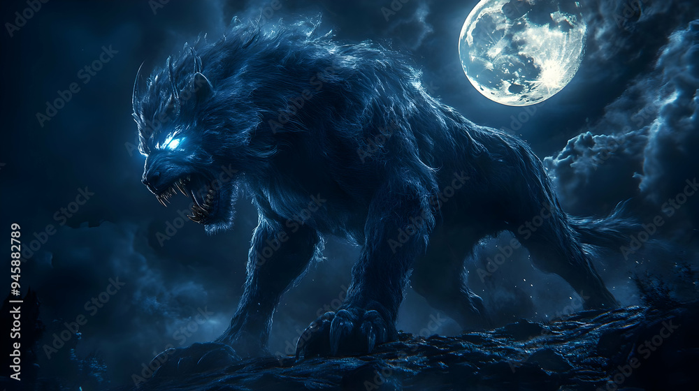 Obraz premium Ferocious Werewolf Roaring Under a Full Moon in the Night Sky, Mythical Creature of the Forest