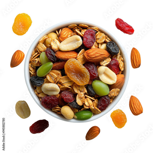 Trail Mix Bowl, White bowl filled with mixed nuts, dried fruits, and oats, Nutritious Snack