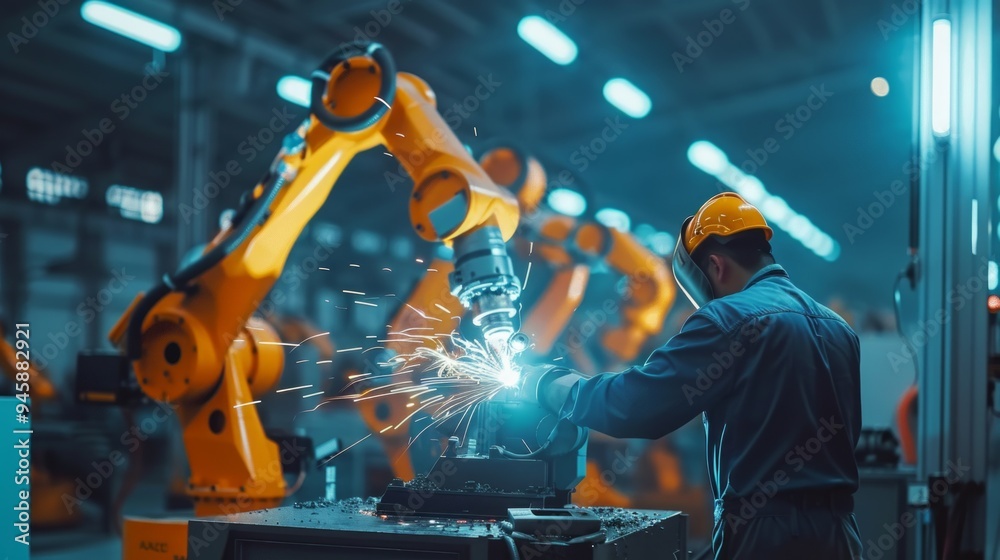 Skilled worker in yellow hard hat welding robotic arm in manufacturing facility. Sparks fly, showing precision in human-robot interaction. Skilled worker in yellow hard hat welding robotic arm in manufacturing facility. Sparks fly, showing precision in human-robot interaction.