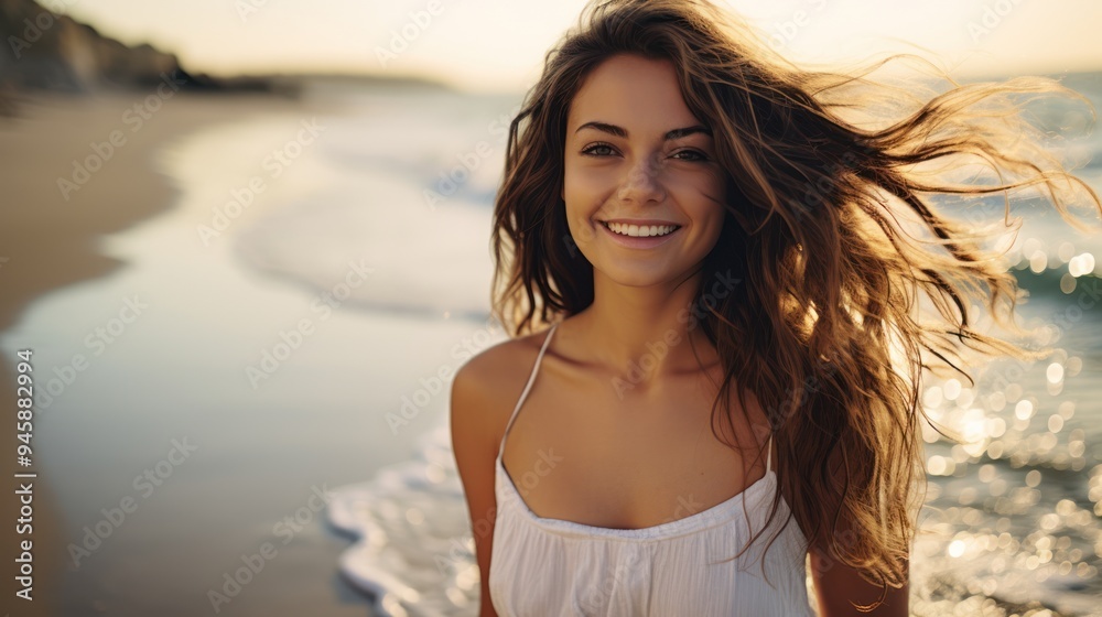 Beautiful girl with long wavy hair standing Beautiful girl with long wavy hair standing