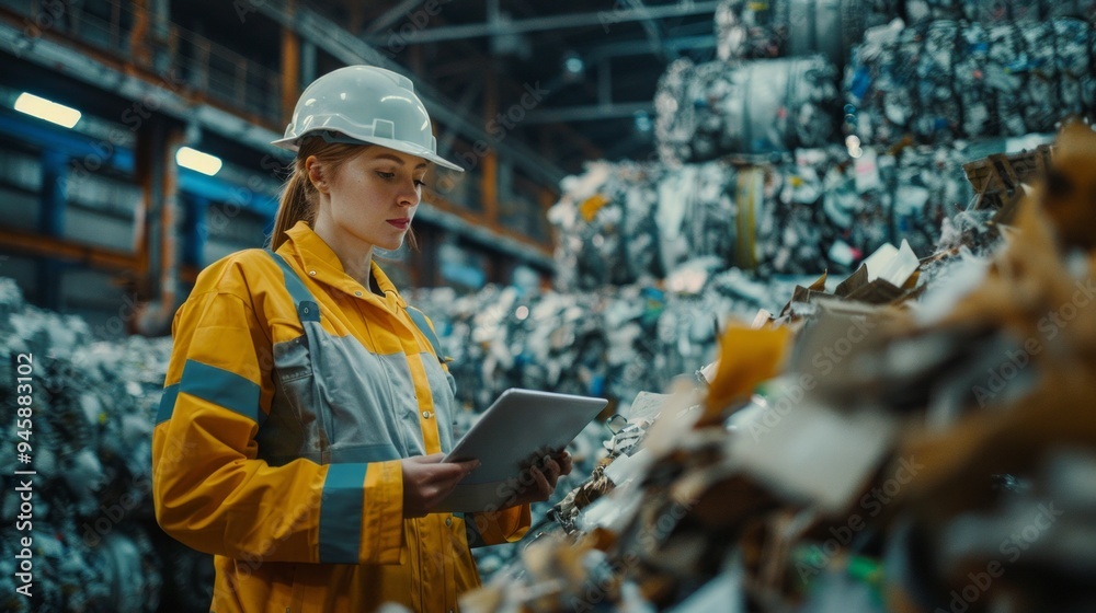 Image: Female worker in recycling center with digital tablet amid well-organized recyclables. Reflects professional, sustainable waste management. Image: Female worker in recycling center with digital tablet amid well-organized recyclables. Reflects professional, sustainable waste management.