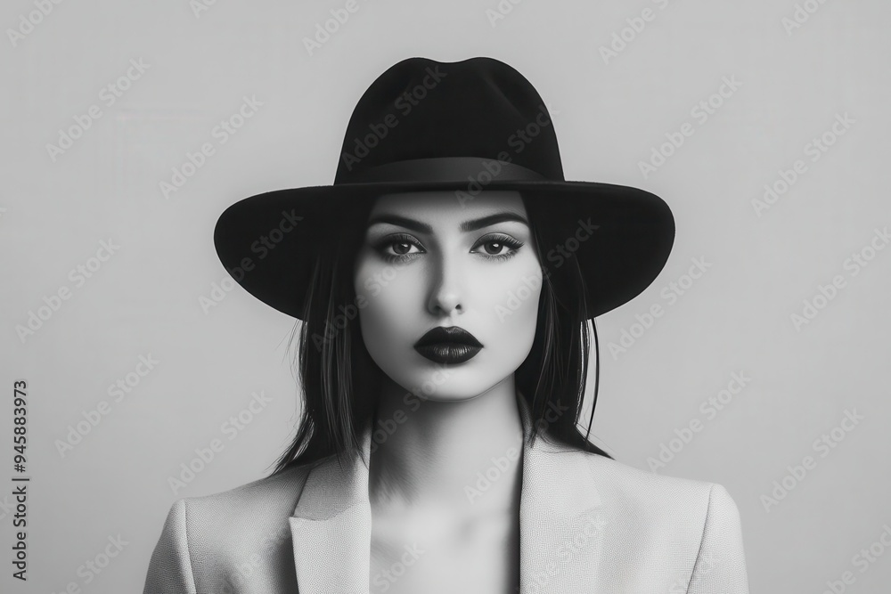 Stylish portrait of a woman in a black hat and blazer, exuding confidence and elegance in a minimalist setting. Stylish portrait of a woman in a black hat and blazer, exuding confidence and elegance in a minimalist setting.
