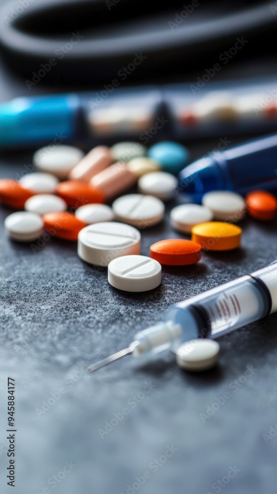 A collection of pills and a syringe on a surface, suggesting medical or pharmaceutical use. A collection of pills and a syringe on a surface, suggesting medical or pharmaceutical use.
