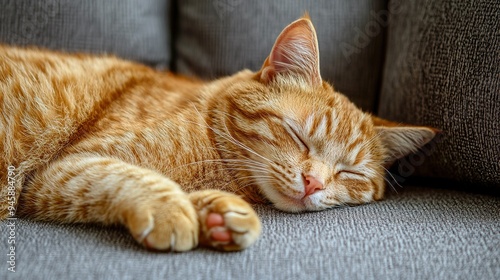 A sleepy ginger cat curled up comfortably on a textured gray sofa in a cozy indoor setting during the afternoon sunlight