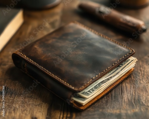 Wallet with money neatly organized, lying on a wooden table