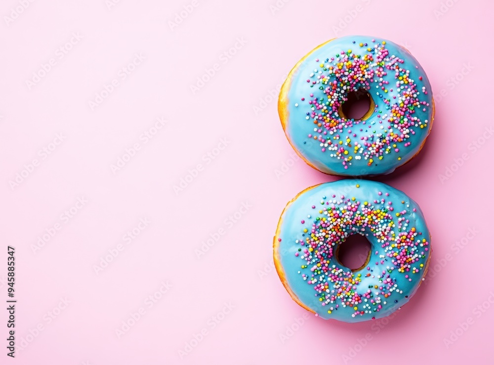 National Dessert Day. 3D rendering of a pink doughnut with sprinkles, flying against a blue background. Minimalist food concept, close-up. National Dessert Day. 3D rendering of a pink doughnut with sprinkles, flying against a blue background. Minimalist food concept, close-up.