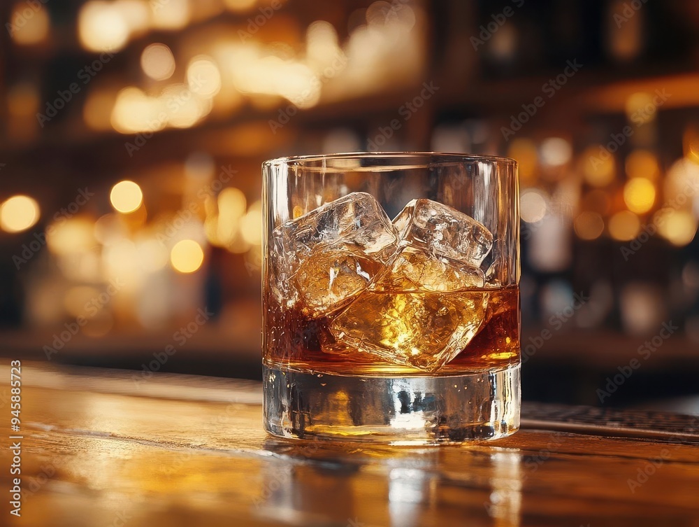 Whiskey glass with ice, on a wooden bar with a rich atmosphere Whiskey glass with ice, on a wooden bar with a rich atmosphere