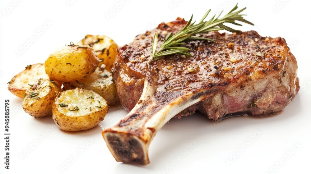 A delicious plate featuring grilled meat with roasted potatoes and herbs. A delicious plate featuring grilled meat with roasted potatoes and herbs.