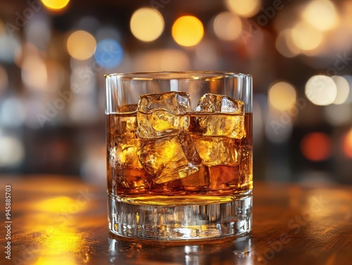 Whiskey glass with ice, on a wooden bar with a rich atmosphere