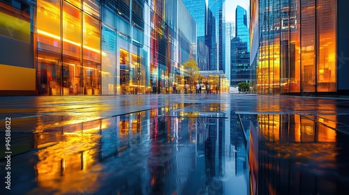 Modern urban architecture reflected in puddles at sunset in a glass building complex