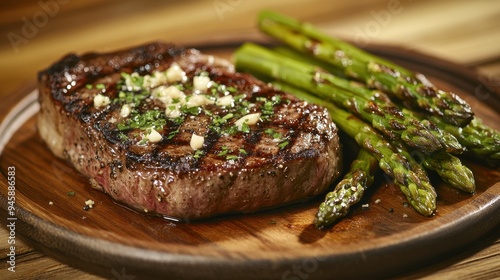 A delicious steak served with grilled asparagus on a wooden plate.