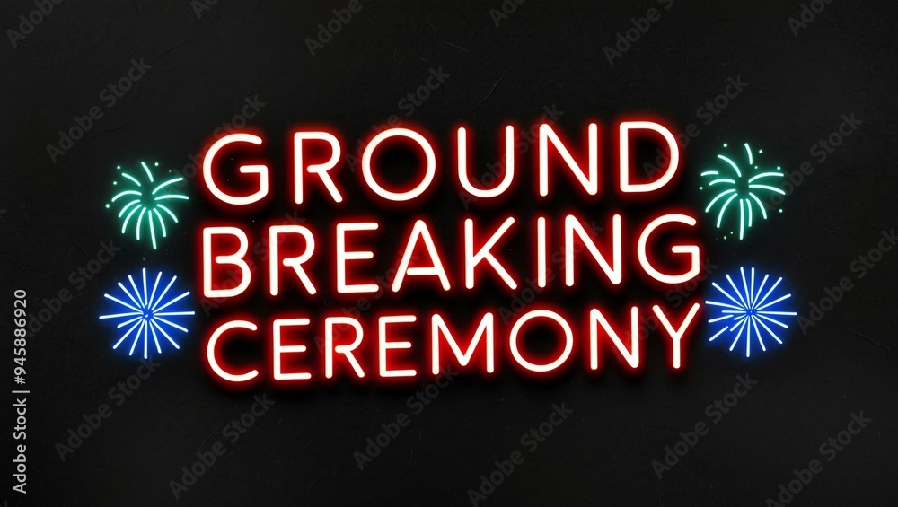 Obraz premium festive neon backlit style of the word ground breaking with neon fireworks on a black grainy background