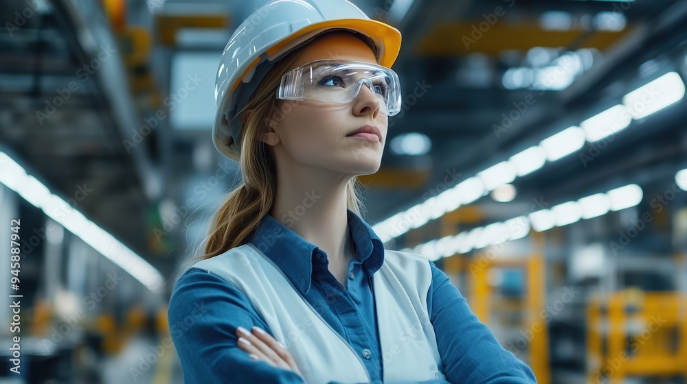 Female Engineer in Hard Hat and Safety Glasses. Female engineer wearing a hard hat and safety glasses inspects the production floor in an industrial car factory environment. Female Engineer in Hard Hat and Safety Glasses. Female engineer wearing a hard hat and safety glasses inspects the production floor in an industrial car factory environment.