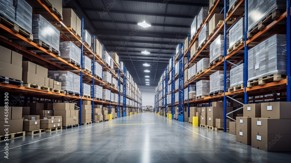 A warehouse with pallets and shelves filled with boxes of goods, representing the concept of a stock background. A warehouse with pallets and shelves filled with boxes of goods, representing the concept of a stock background.