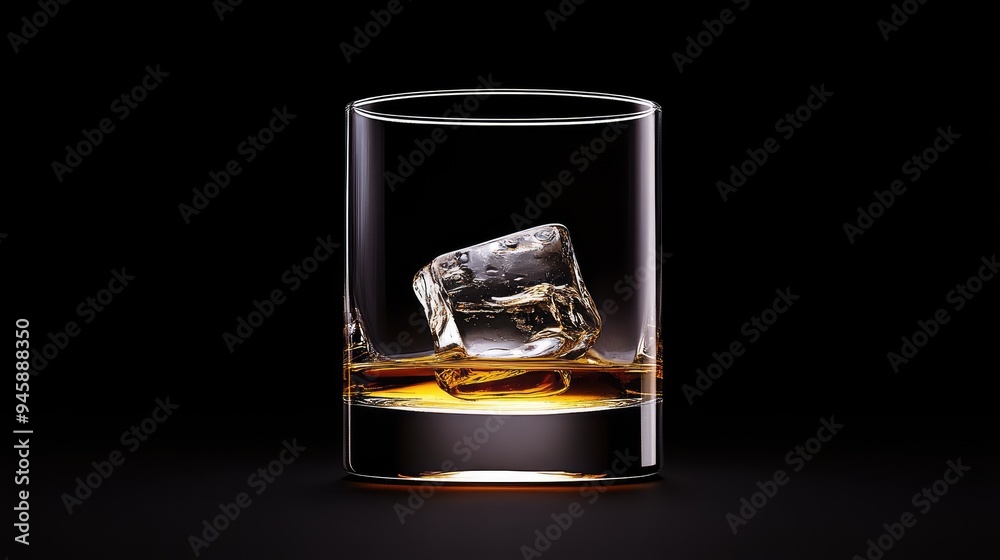 A whiskey glass with a single ice cube, a minimalist aesthetic A whiskey glass with a single ice cube, a minimalist aesthetic