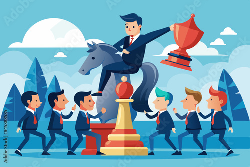 Strategic move, leadership to lead team with strategy, challenge to success, courage and confidence to win business competition concept, businessman riding chess knight lead team to win chess victory
