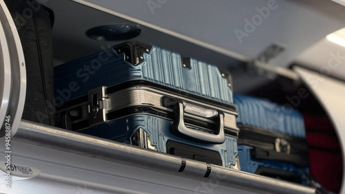 Carry-on baggage. The suitcases inside the plane are neatly placed on the luggage shelf.