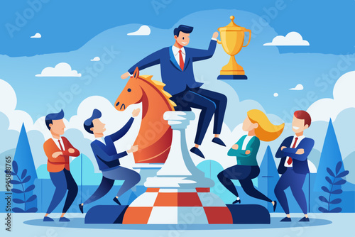 Strategic move, leadership to lead team with strategy, challenge to success, courage and confidence to win business competition concept, businessman riding chess knight lead team to win chess victory
