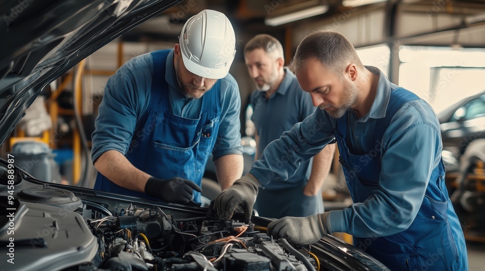 Mechanics and Engineers Inspecting Car Engine in Workshop. Group of mechanics and engineers gather around a car engine for a detailed inspection in an auto workshop, showcasing teamwork and expertise. Mechanics and Engineers Inspecting Car Engine in Workshop. Group of mechanics and engineers gather around a car engine for a detailed inspection in an auto workshop, showcasing teamwork and expertise.