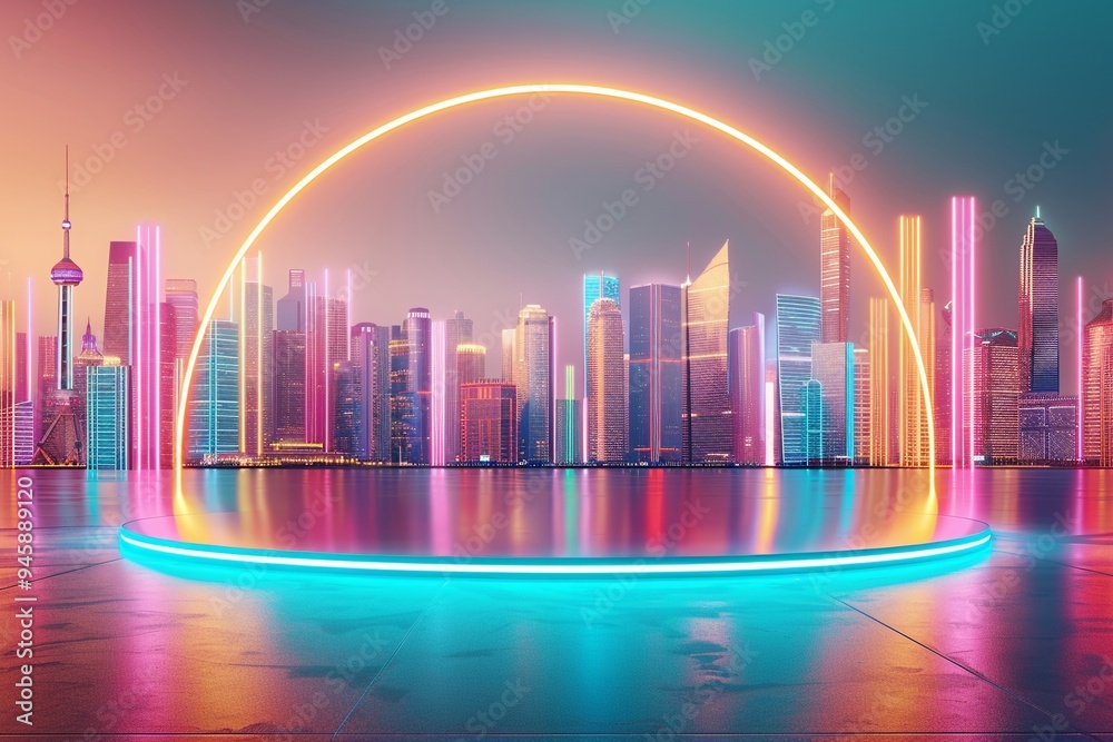Neon podium on a futuristic cityscape, skyscrapers glowing with vibrant lights, sleek and modern design, 3D render Neon podium on a futuristic cityscape, skyscrapers glowing with vibrant lights, sleek and modern design, 3D render