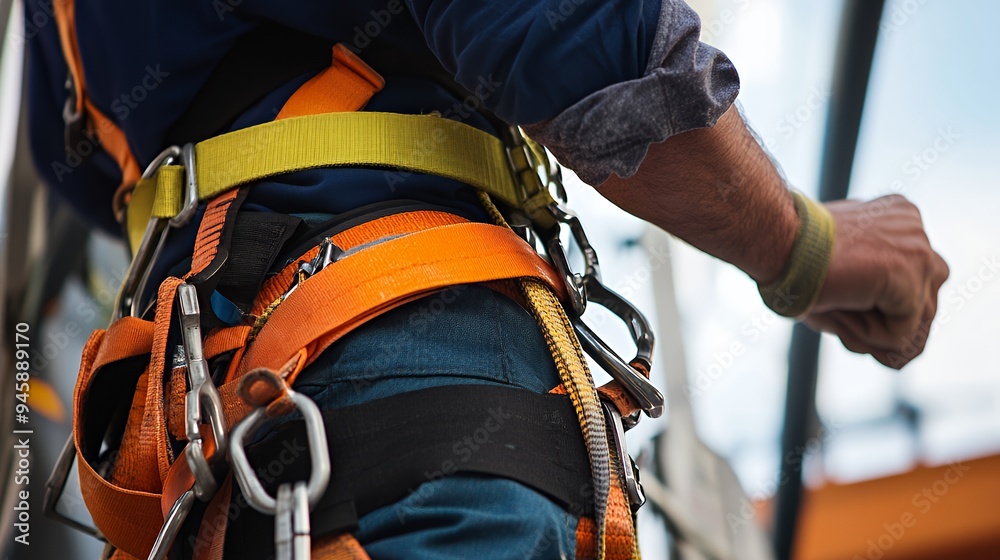 A close-up of a worker's harness and safety gear, emphasizing safety in construction or climbing. A close-up of a worker's harness and safety gear, emphasizing safety in construction or climbing.